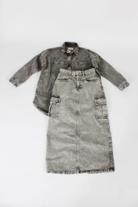 Szary, jeansowy komplet (koszula + spódnica), DIVERSE, 34/36 (XS/S) - oversize