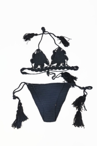 Czarny, dziergany strój kąpielowy (top + bikini), NOWY, SARA ZALEWSKA, 36/38 (S/M)