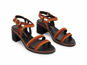 Brązowe, skórzane/zamszowe sandałyna stabilnym obcasie, SALVATORE FERRAGAMO, 37